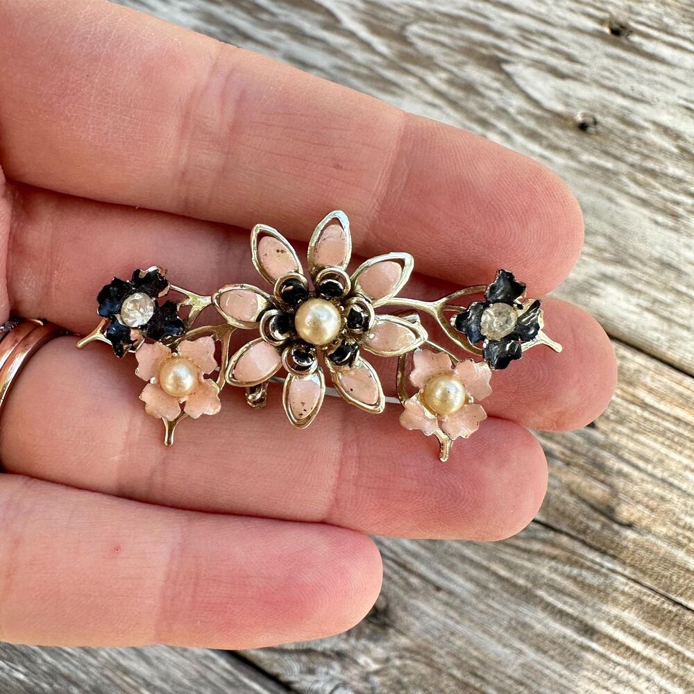 Vintage Shabby Chic Floral Brooch, Pink & Black Flower Pin
